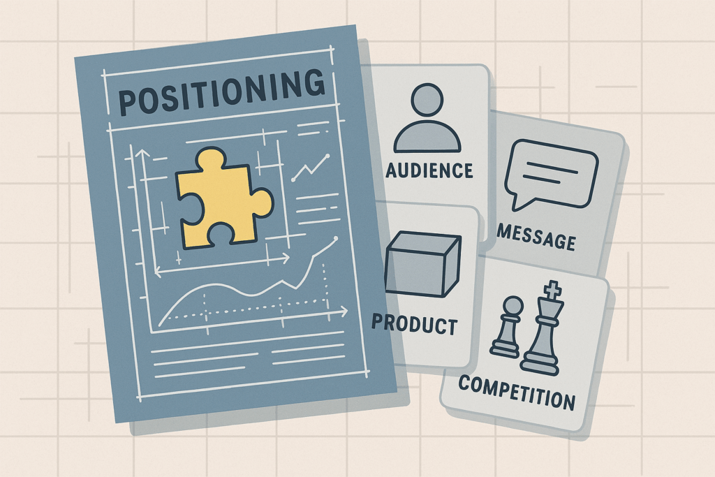 Brand positioning strategy illustration showing key elements — target audience, product, message, and competition — represented with icons and a puzzle piece for market fit.