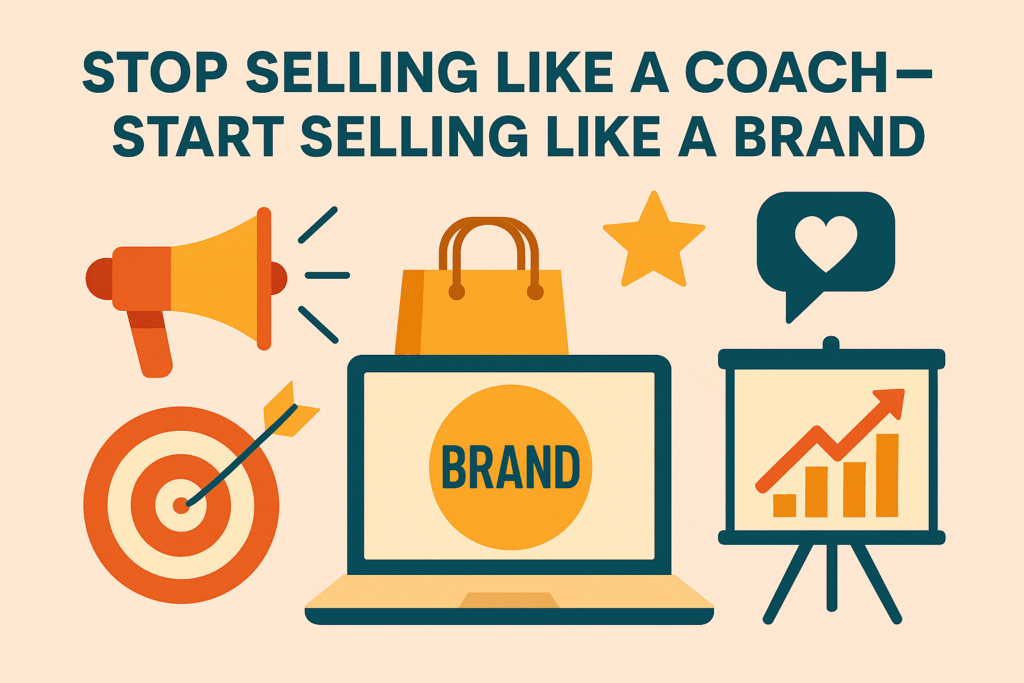 Digital branding and marketing concept with icons of megaphone, target, laptop showing brand logo, and rising sales chart under headline ‘Stop selling like a coach, start selling like a brand.
